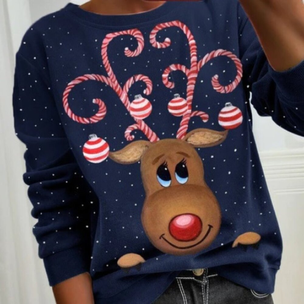 NWT Adorable! Reindeer Shirt Midnight Blue L/S Rudolph the Red Nose Reindeer? LG